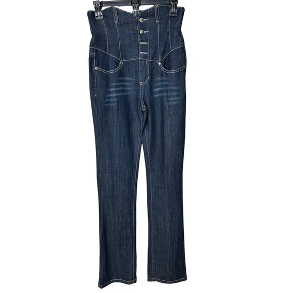 ChiQle Denim Architect Blue Women's High Corset Waist Buckle Back Jeans - Picture 3 of 10